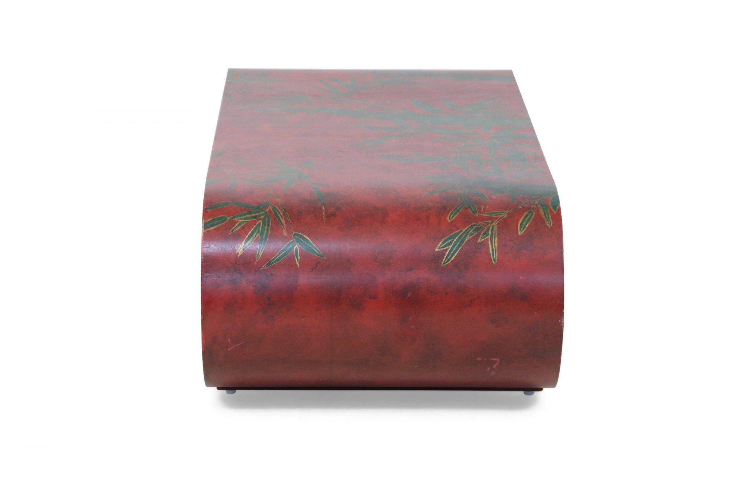 Wood Chinese Red and Green Bamboo Motif Scroll Cocktail / Coffee Table For Sale