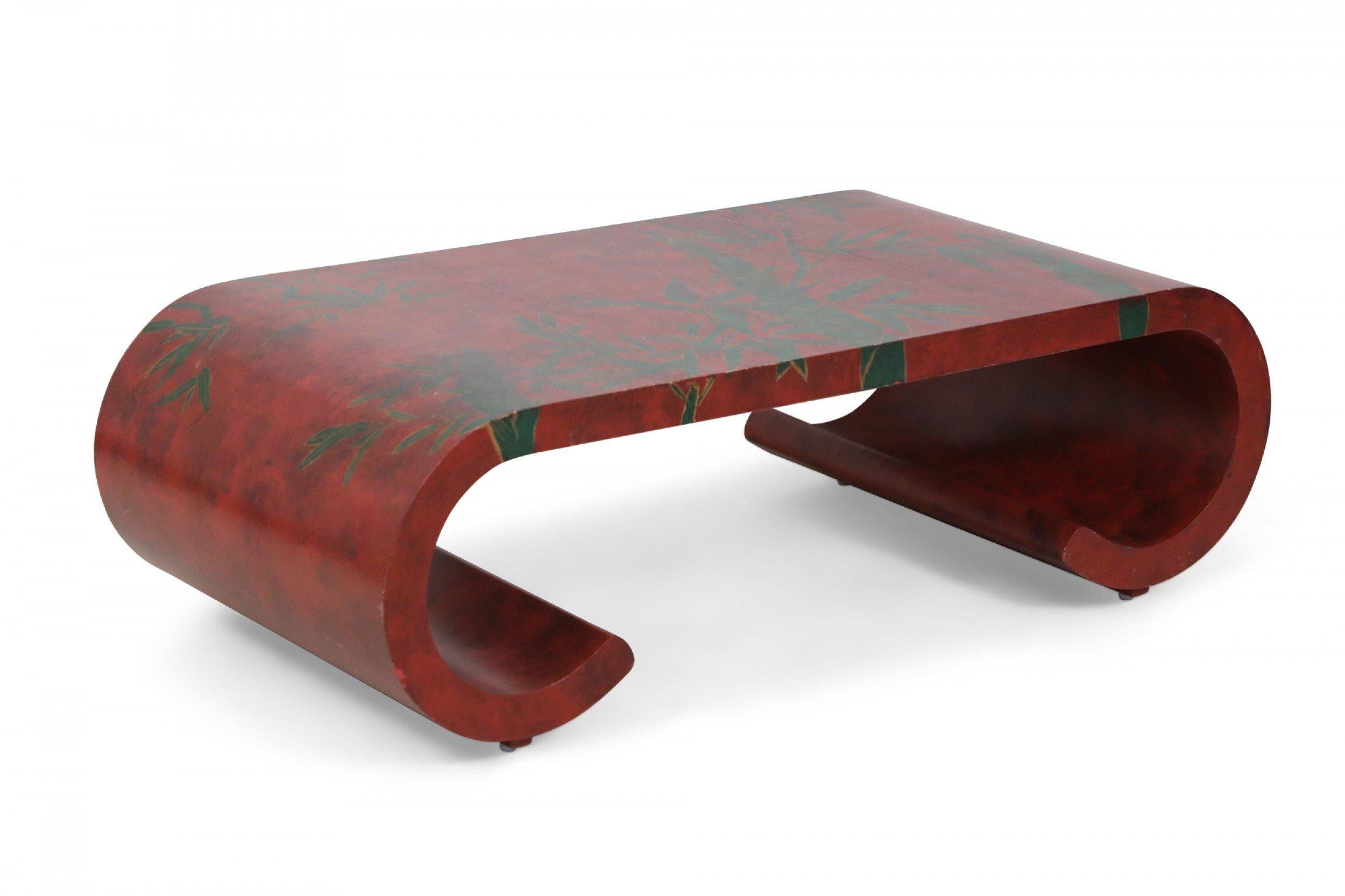 Chinese Red and Green Bamboo Motif Scroll Cocktail / Coffee Table For Sale 1