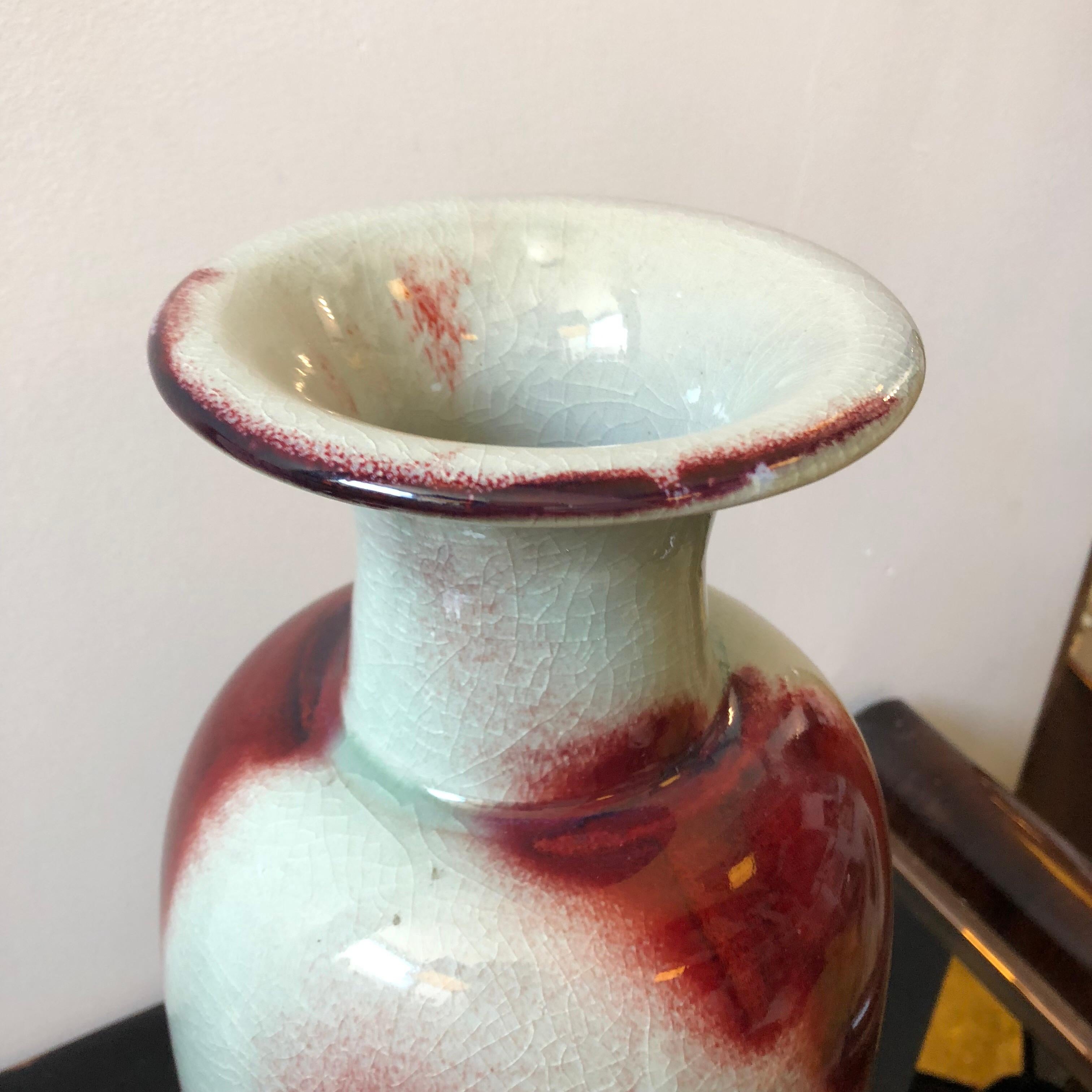 Hand-Painted Chinese Red and Grey Ceramic Vase, circa 1950