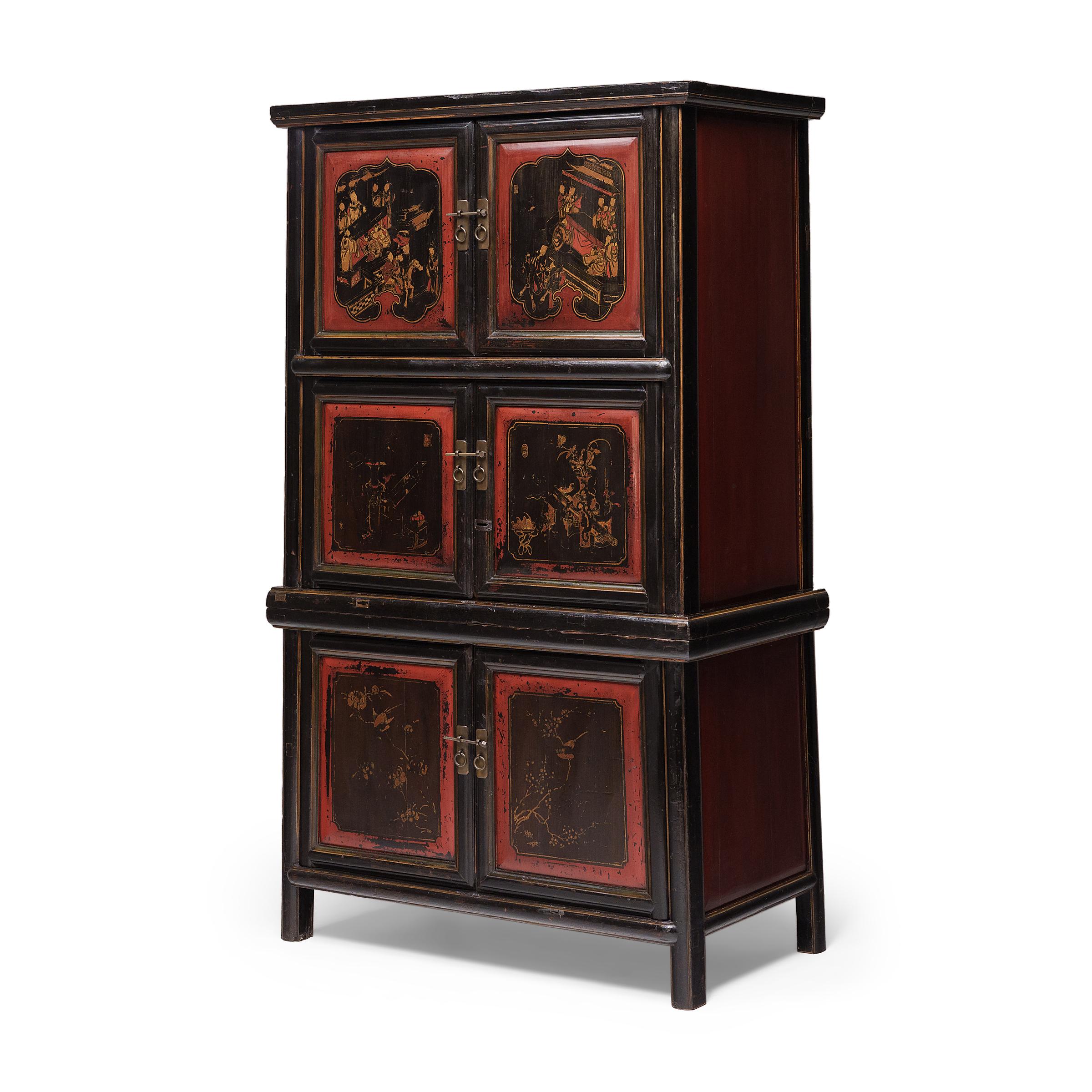 This grand two-piece stacking cabinet dates to the late 19th century and exemplifies the balanced proportions and ornate decoration that defines Qing-dynasty furniture. Crafted of elm (yumu) with mortise-and-tenon joinery, the sloping-stile cabinet