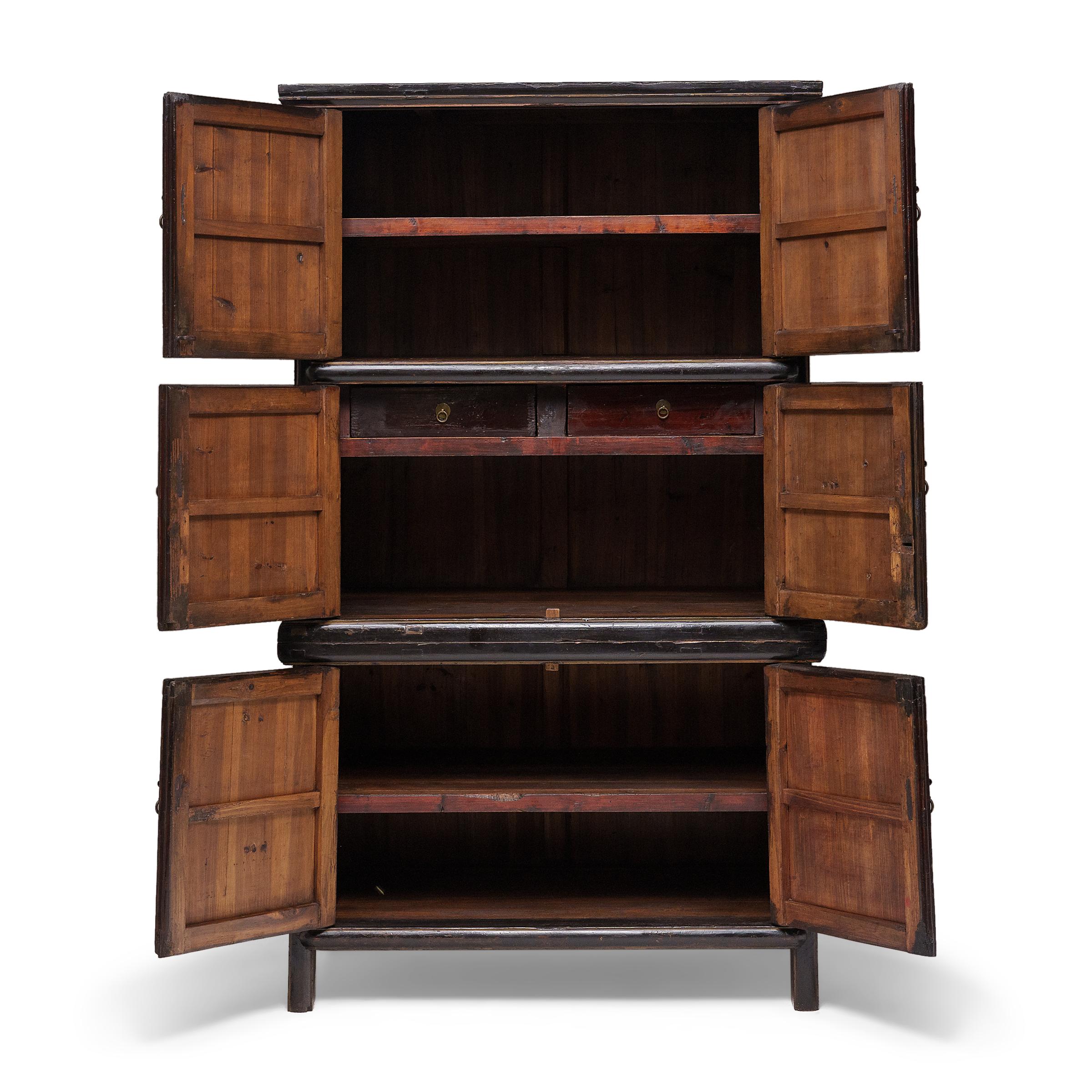 Qing Chinese Red & Black Cartouche Stacking Cabinet, c. 1900