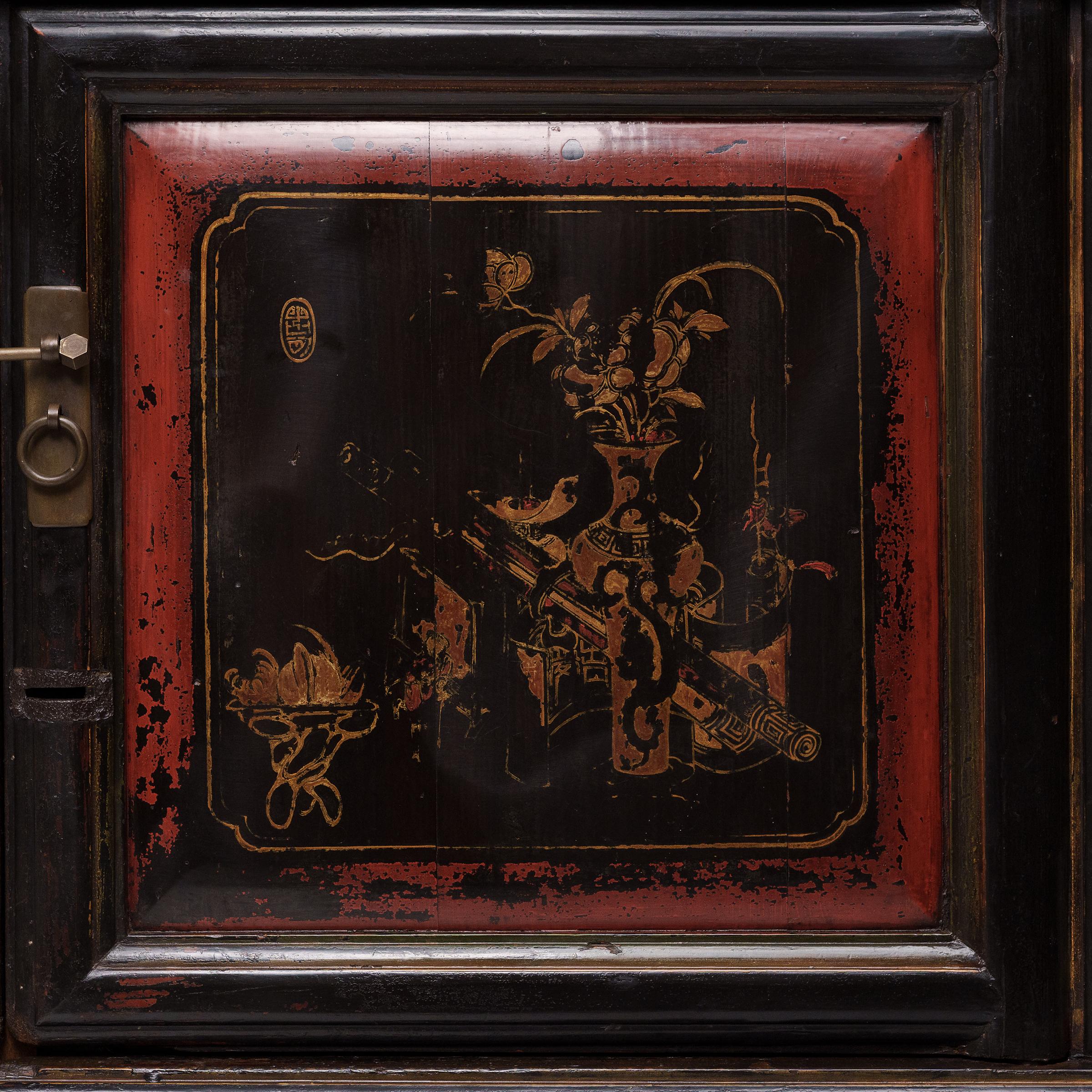 Lacquered Chinese Red & Black Cartouche Stacking Cabinet, c. 1900
