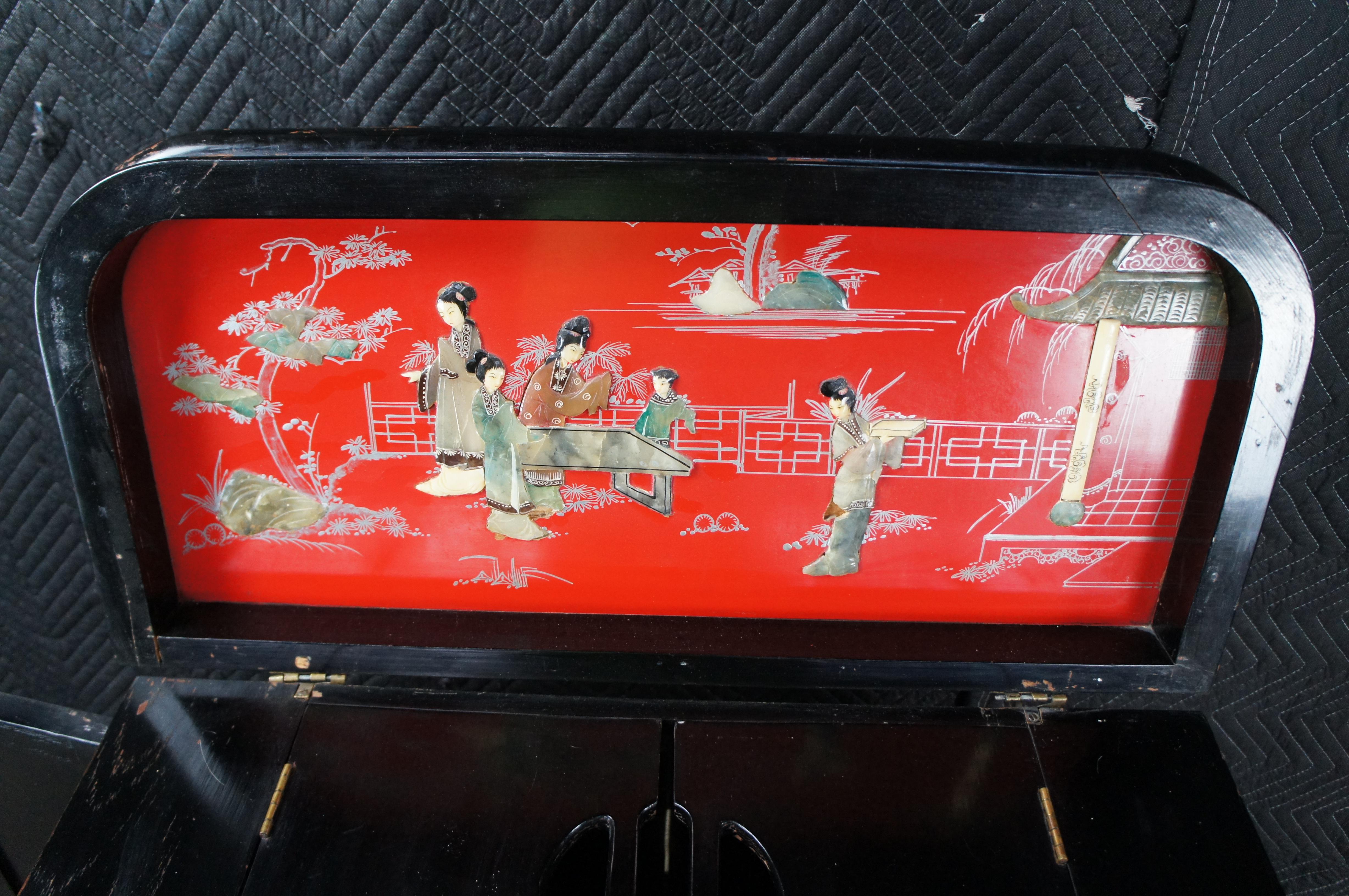 Chinese Red & Black Lacquer Figural Soapstone Dry Bar Cabinet Chinoiserie For Sale 6