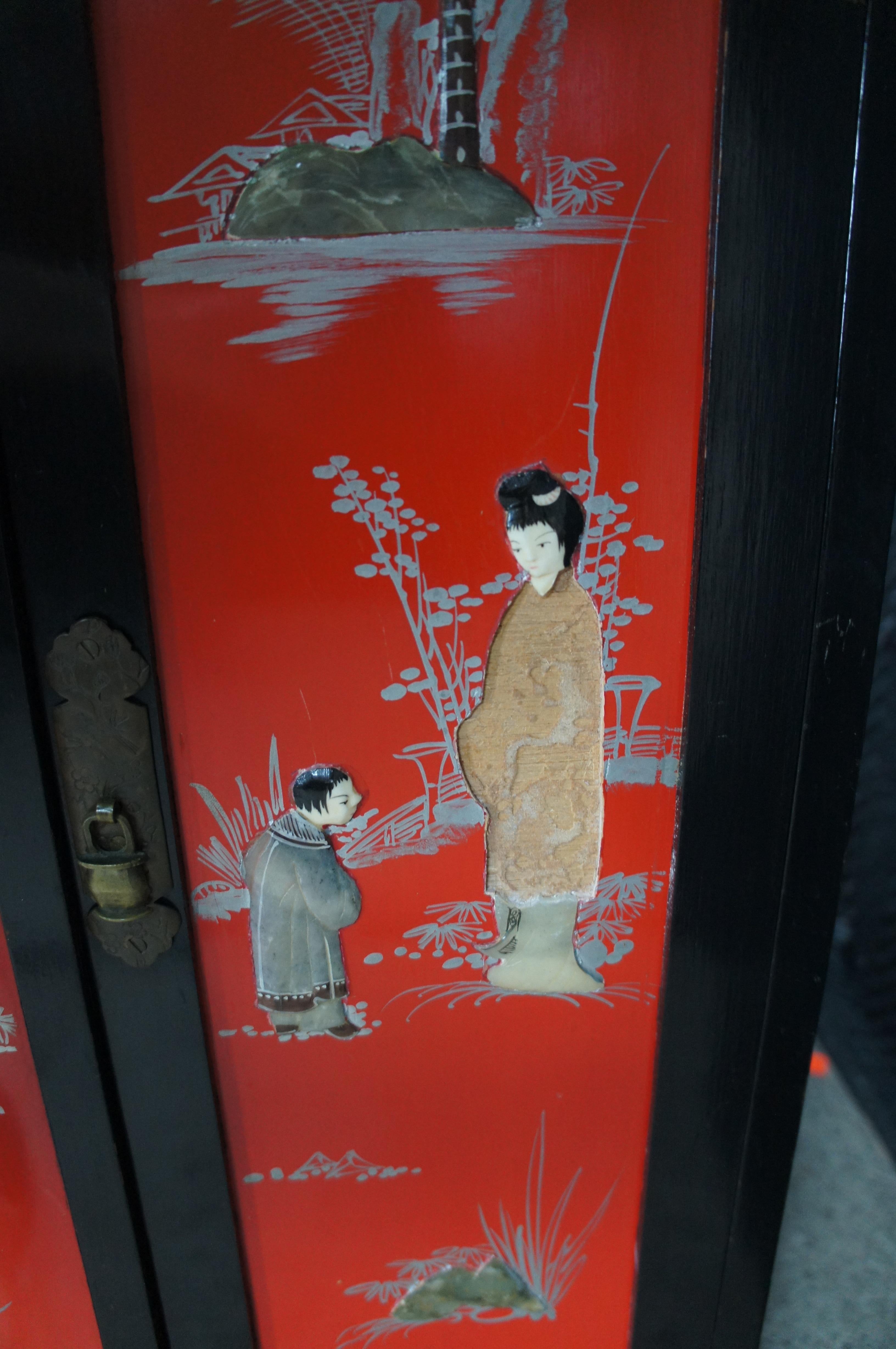 Chinese Red & Black Lacquer Figural Soapstone Dry Bar Cabinet Chinoiserie For Sale 7