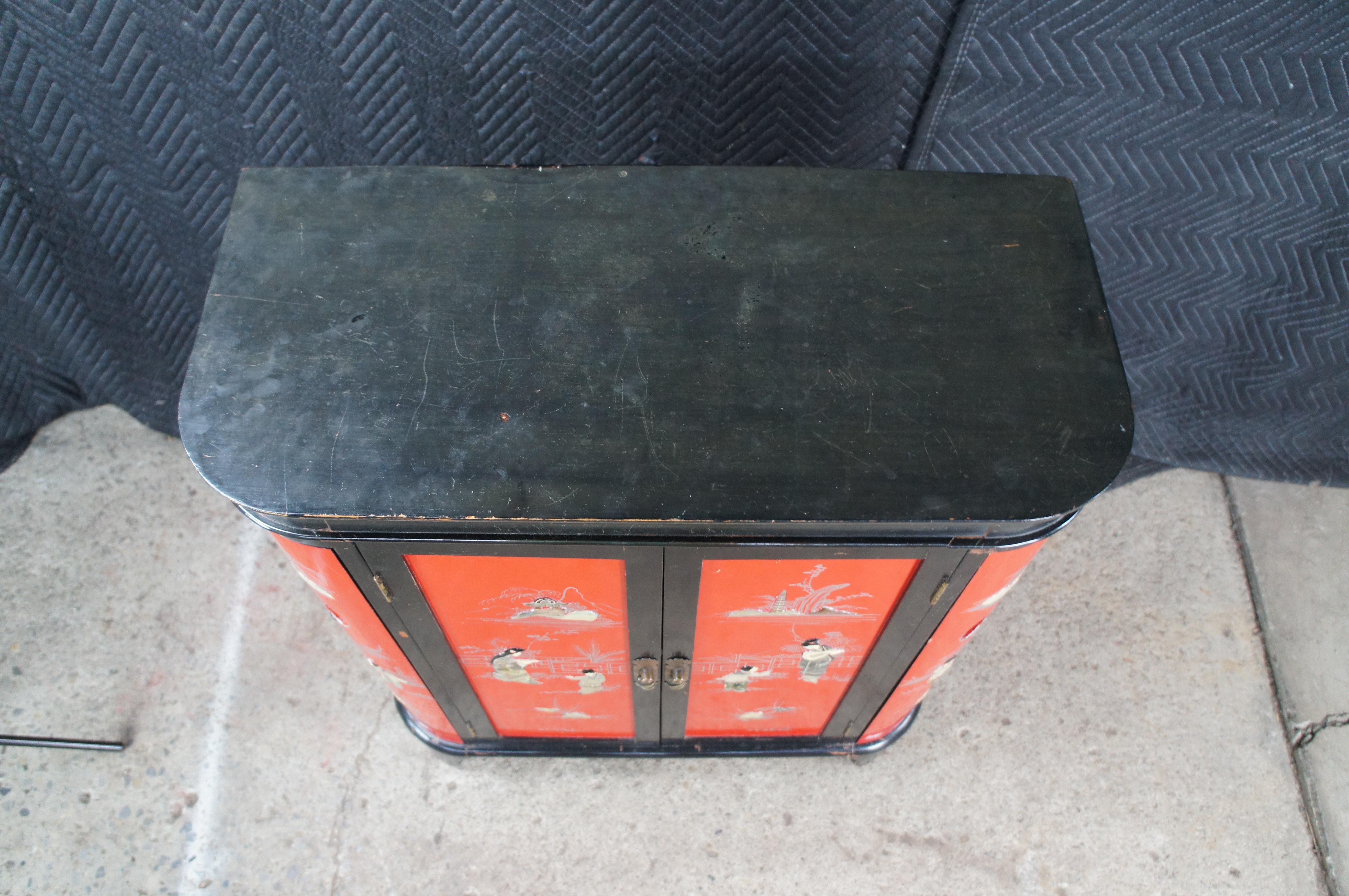 Chinese Red & Black Lacquer Figural Soapstone Dry Bar Cabinet Chinoiserie For Sale 8