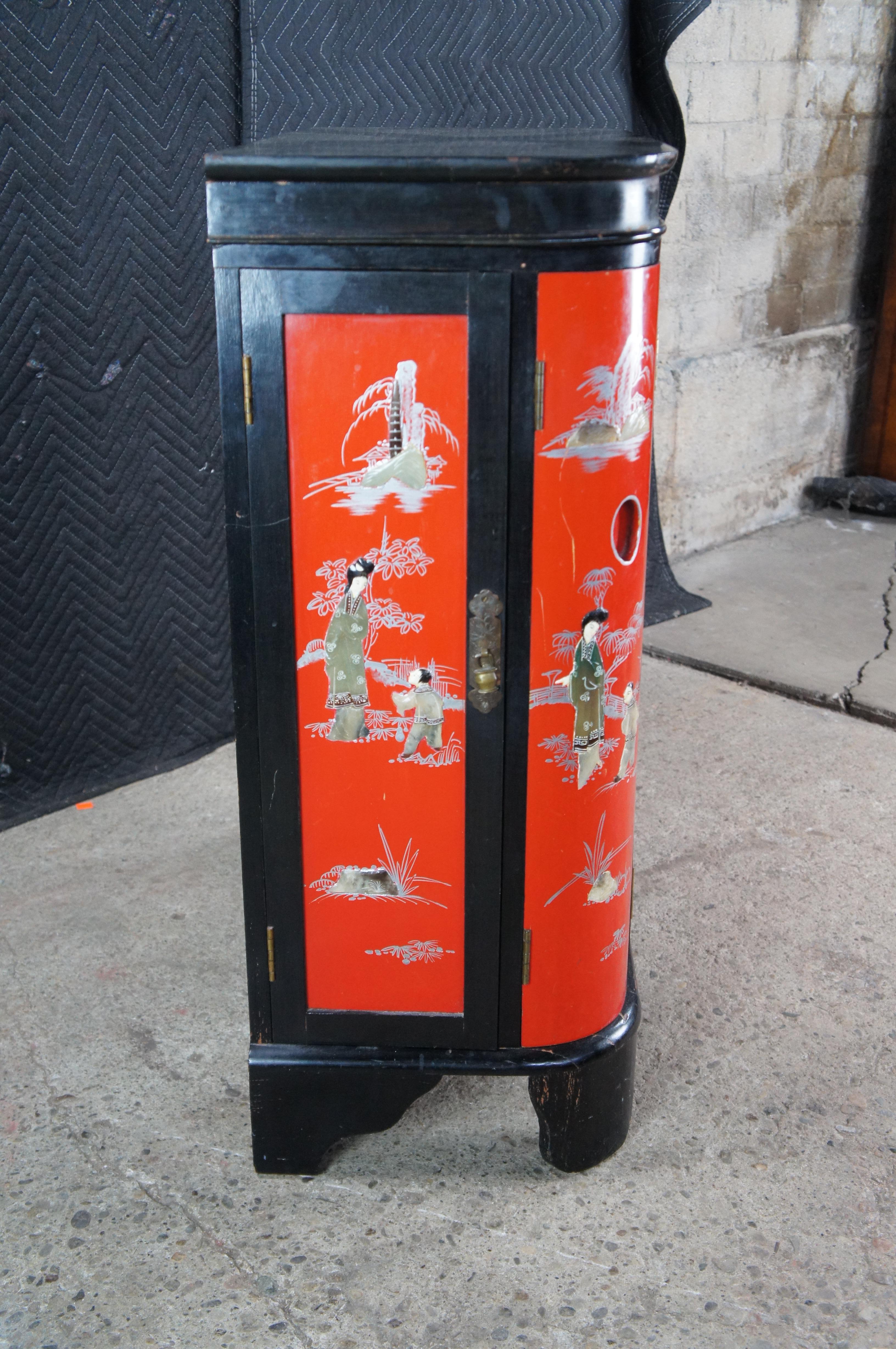Chinese Red & Black Lacquer Figural Soapstone Dry Bar Cabinet Chinoiserie For Sale 9