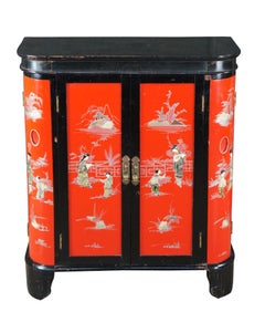 Chinese Red & Black Lacquer Figural Soapstone Dry Bar Cabinet Chinoiserie