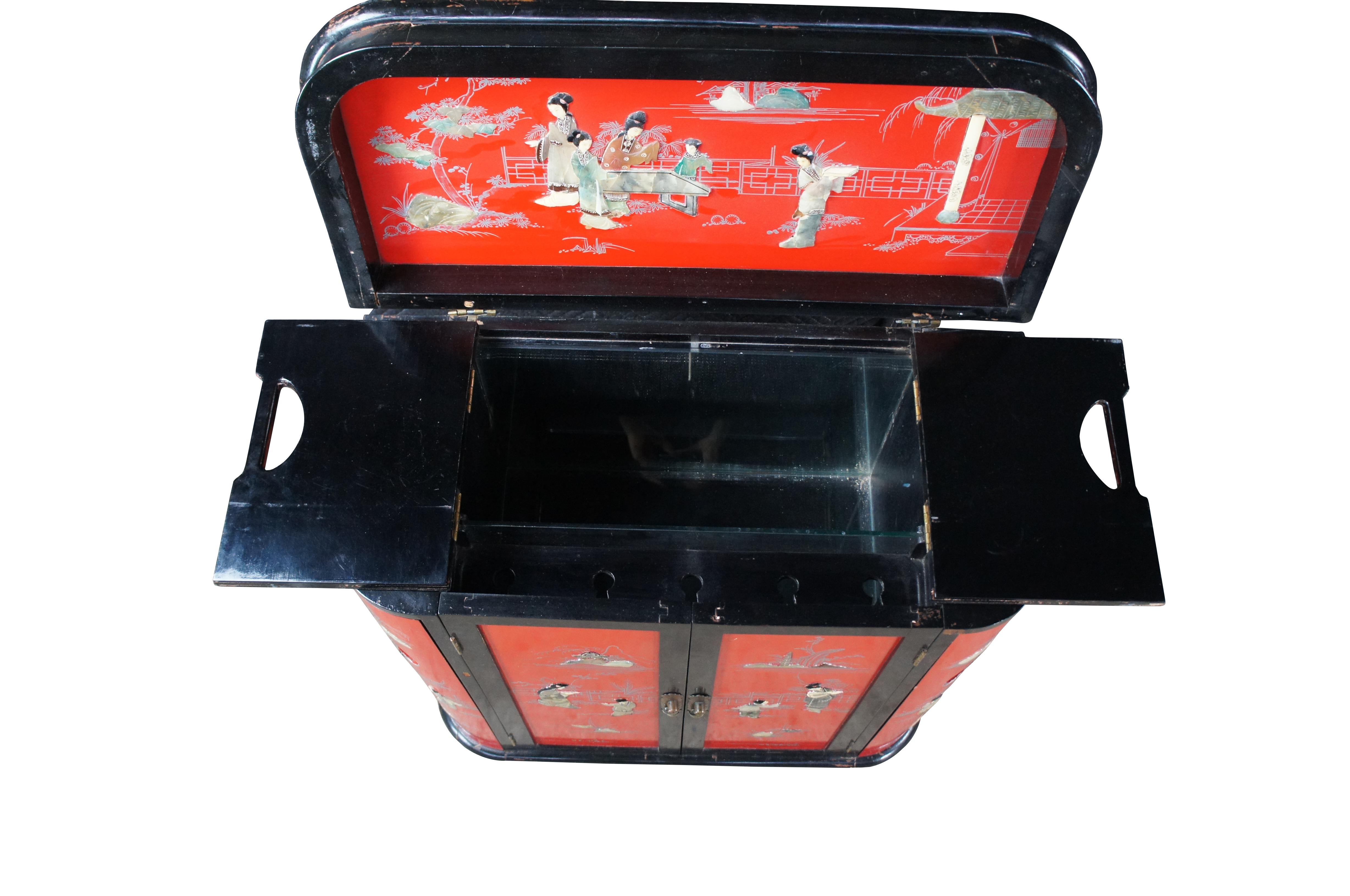 Chinese Red & Black Lacquer Figural Soapstone Dry Bar Cabinet Chinoiserie In Fair Condition For Sale In Dayton, OH