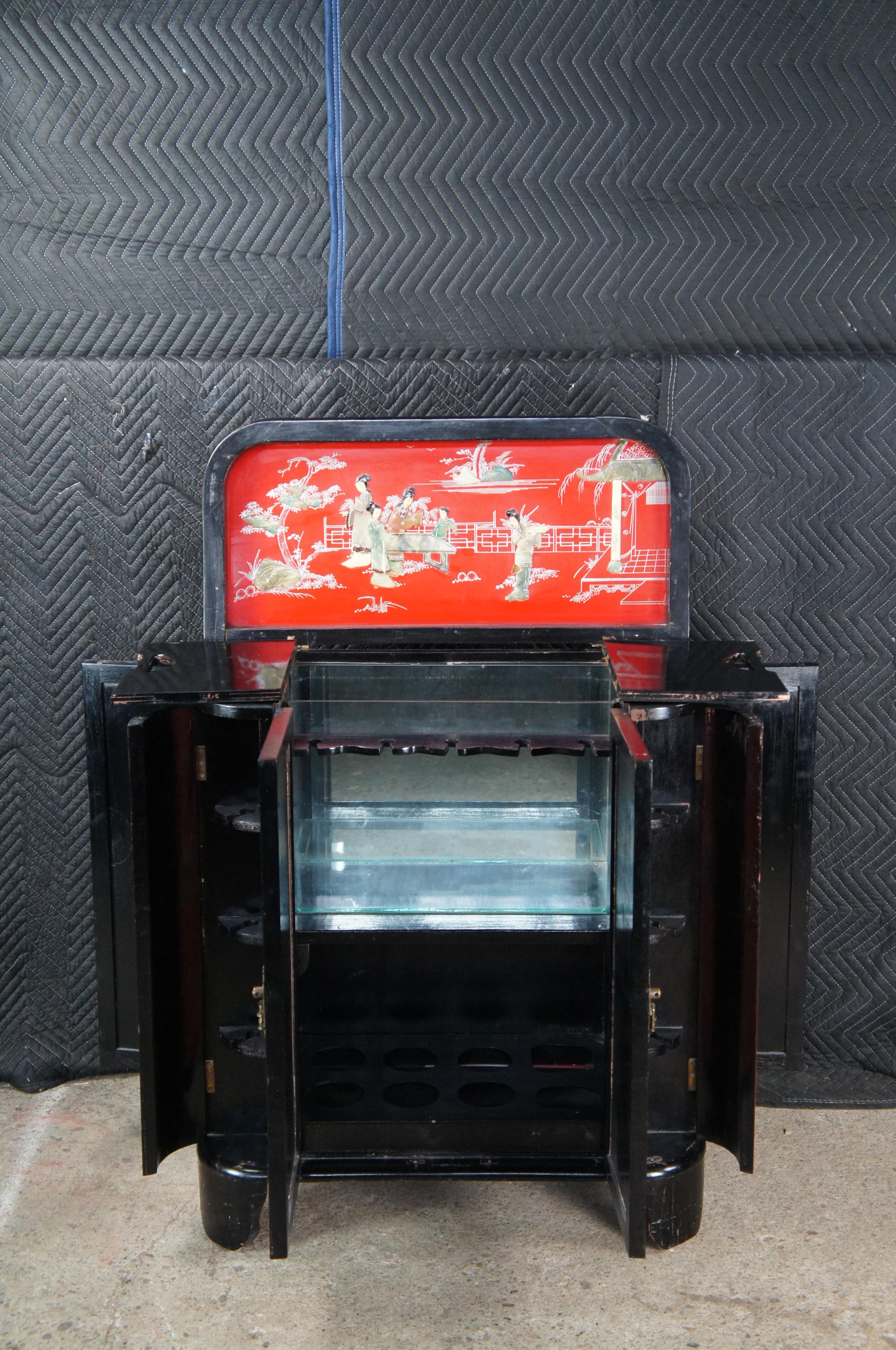 20th Century Chinese Red & Black Lacquer Figural Soapstone Dry Bar Cabinet Chinoiserie For Sale