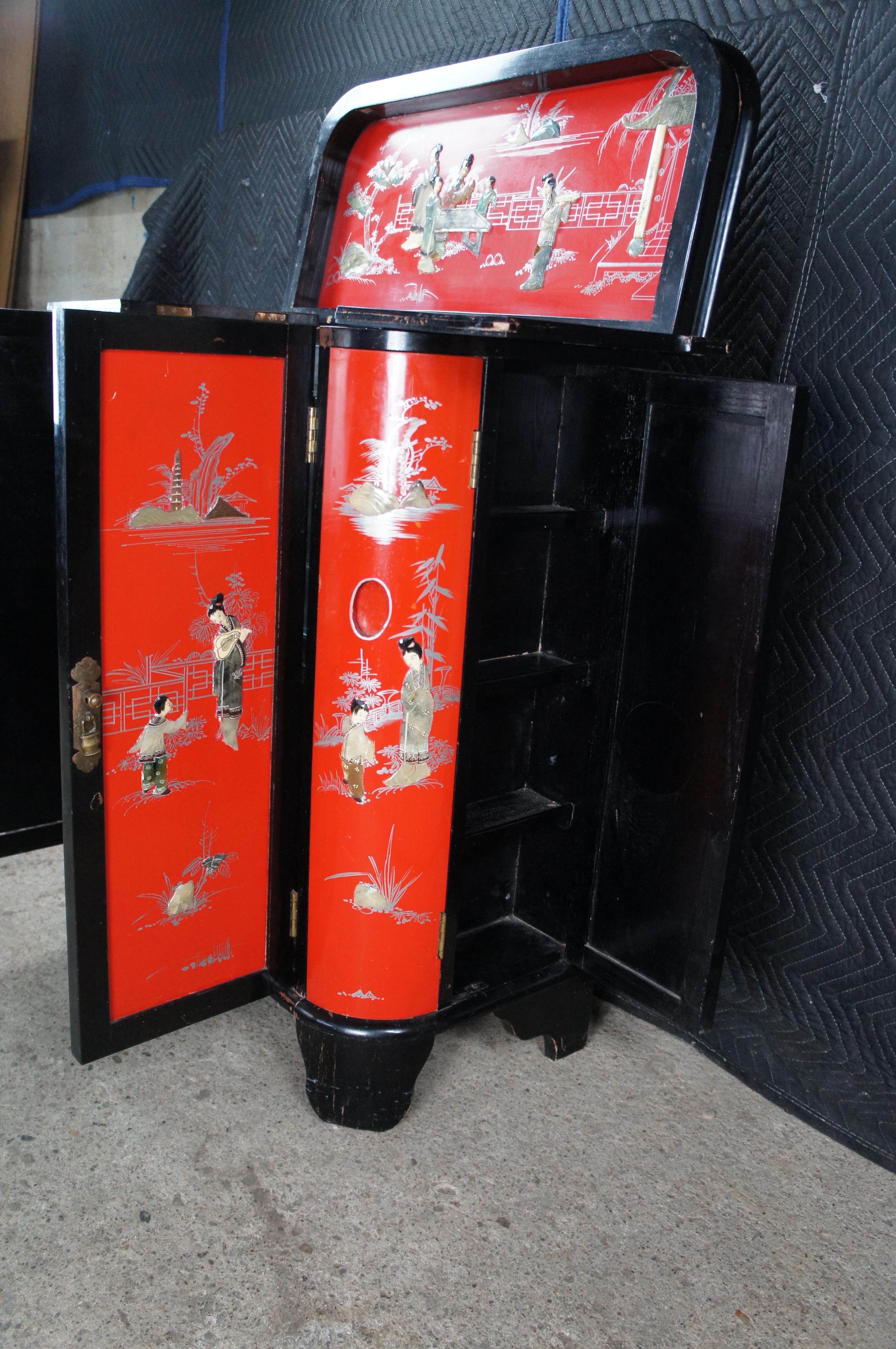 Chinese Red & Black Lacquer Figural Soapstone Dry Bar Cabinet Chinoiserie For Sale 3