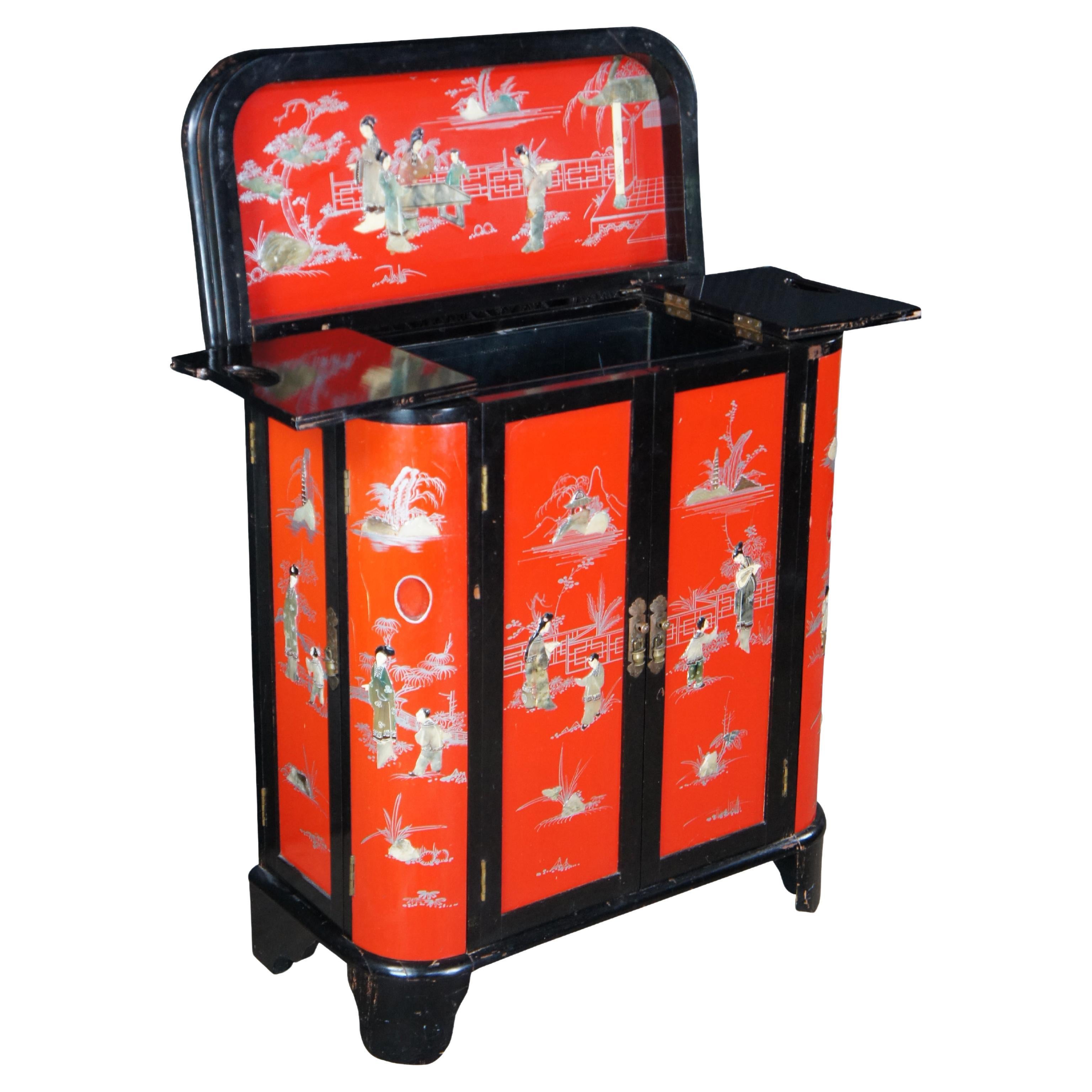 Chinese Red & Black Lacquer Figural Soapstone Dry Bar Cabinet Chinoiserie