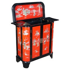 Chinese Red & Black Lacquer Figural Soapstone Dry Bar Cabinet Chinoiserie