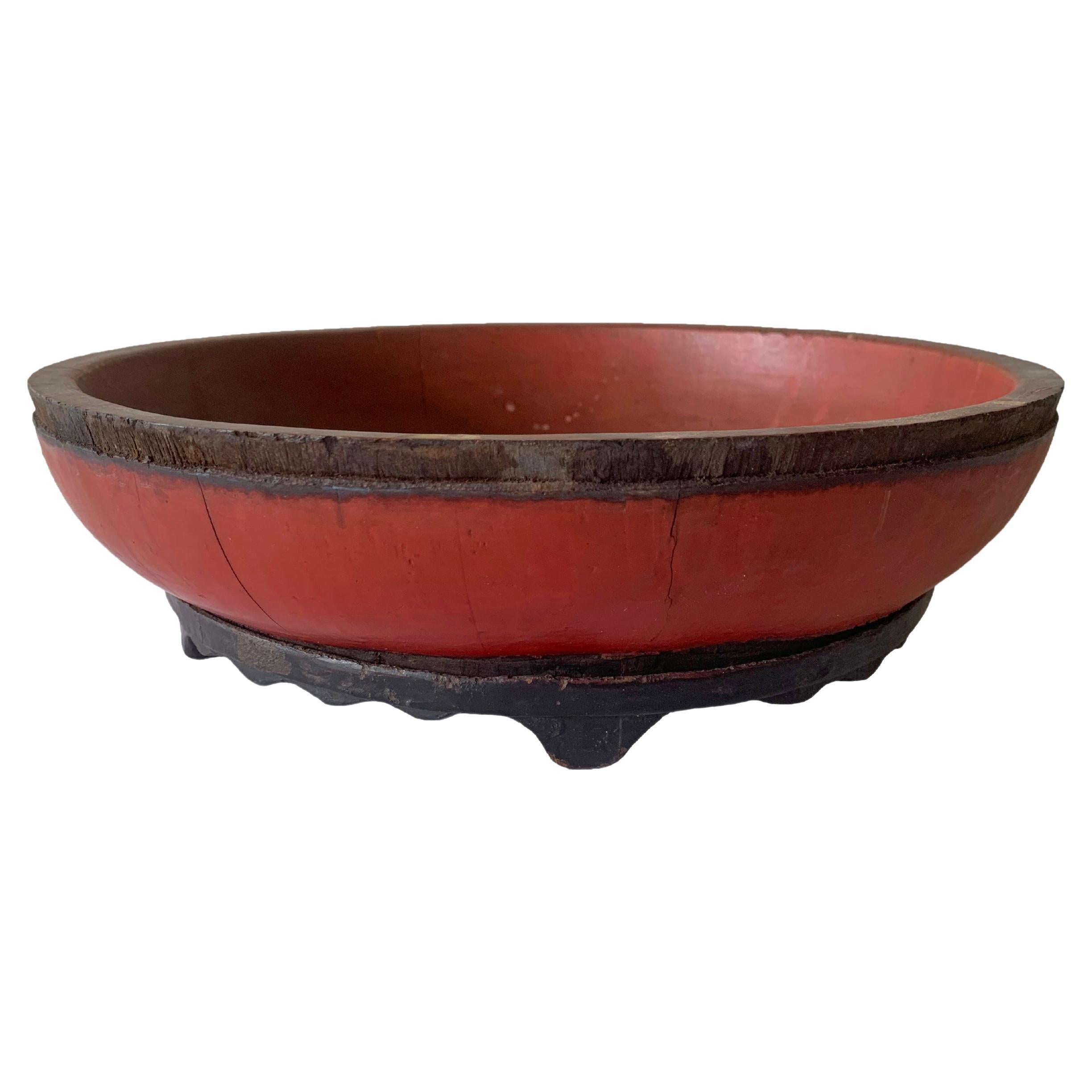 Chinese Red & Black Lacquer Wood Bowl, Mid-20th Century