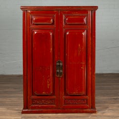 Chinese Red Cabinet with Doors and Hidden Drawers and Distressed Gold Accents