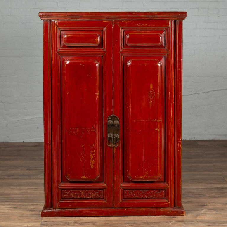 Chinese Red Cabinet With Doors And Drawers Distressed Gold Accents