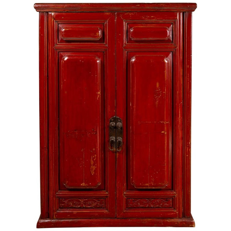 Chinese Red Cabinet With Doors And Drawers Distressed Gold Accents