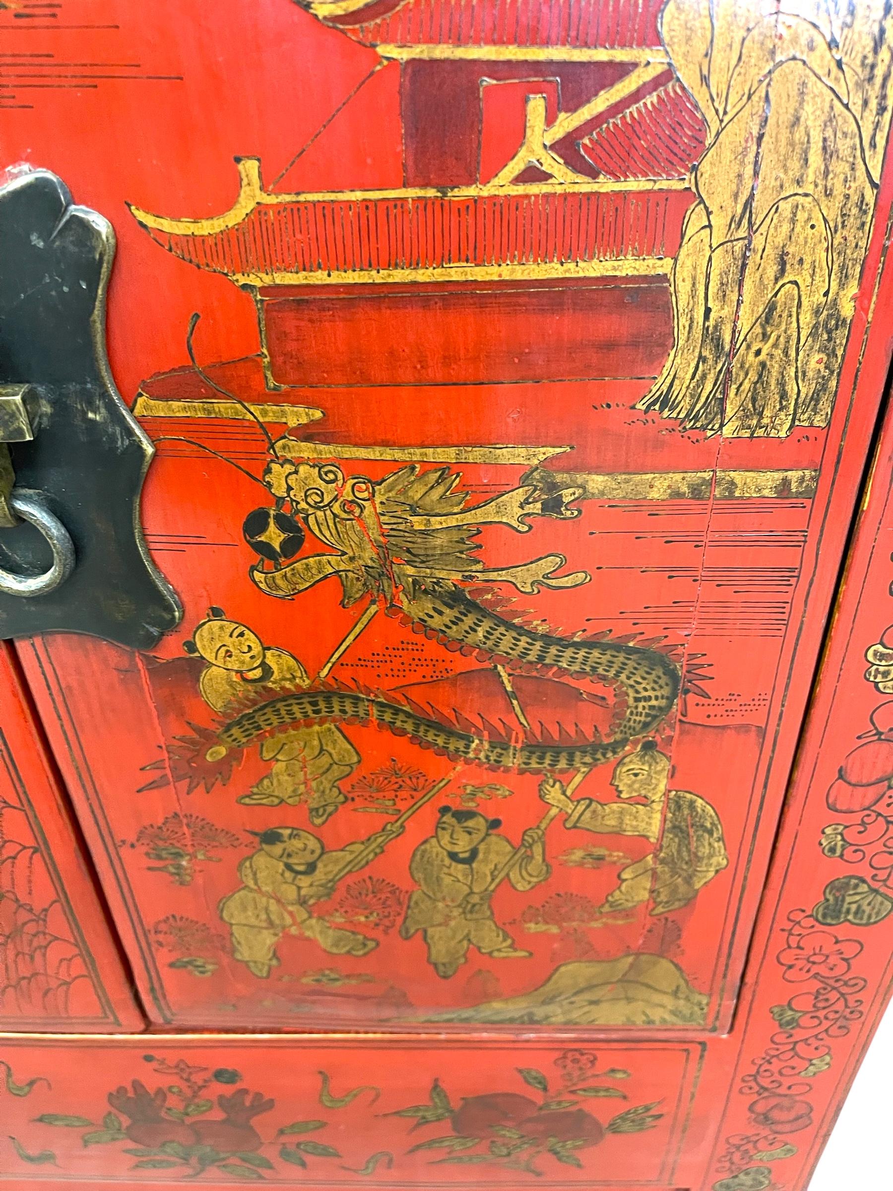 Chinese Red Cabinet with Gilt Figural and Dragon Motifs For Sale 4