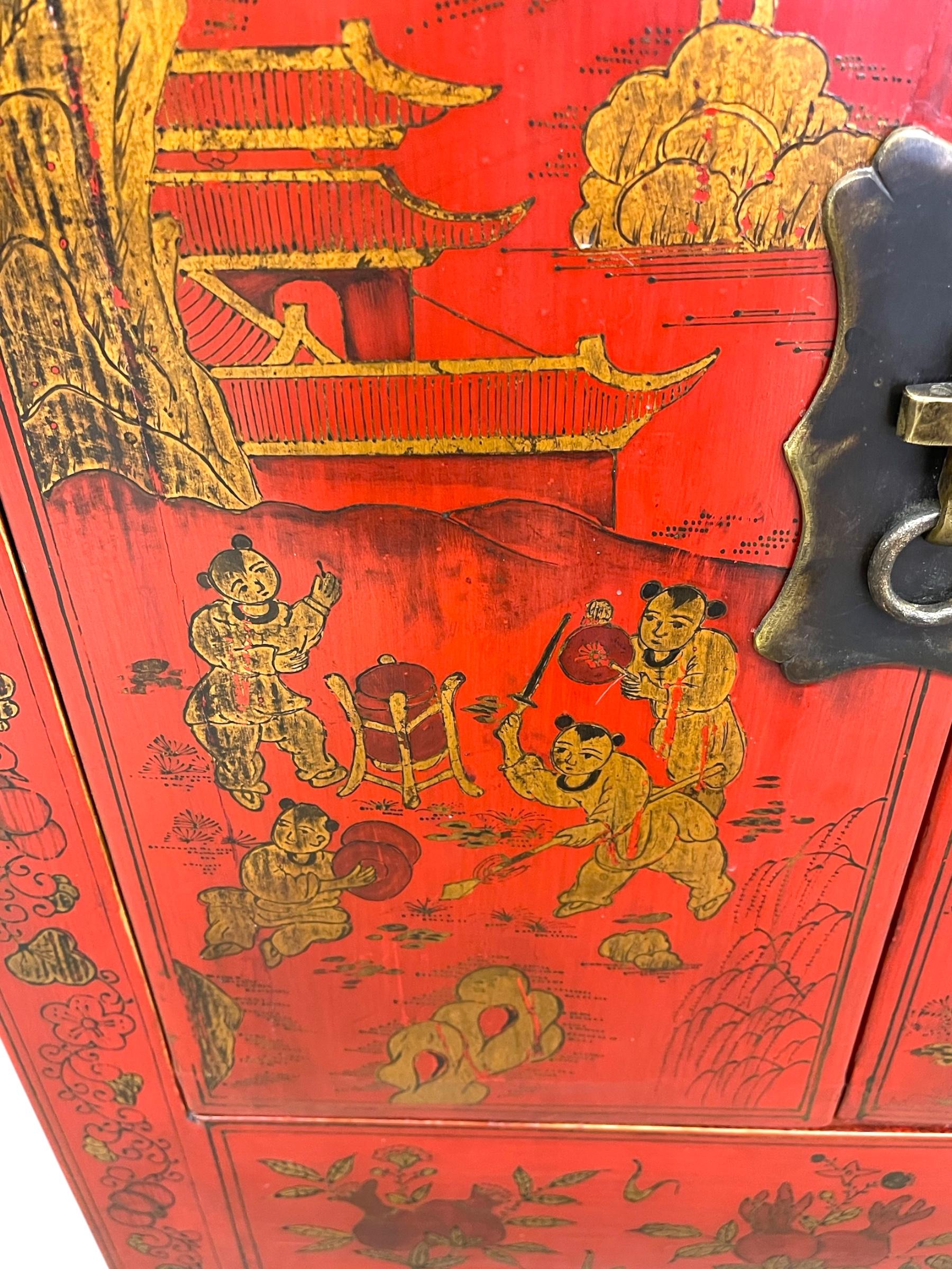 Chinese Red Cabinet with Gilt Figural and Dragon Motifs For Sale 2
