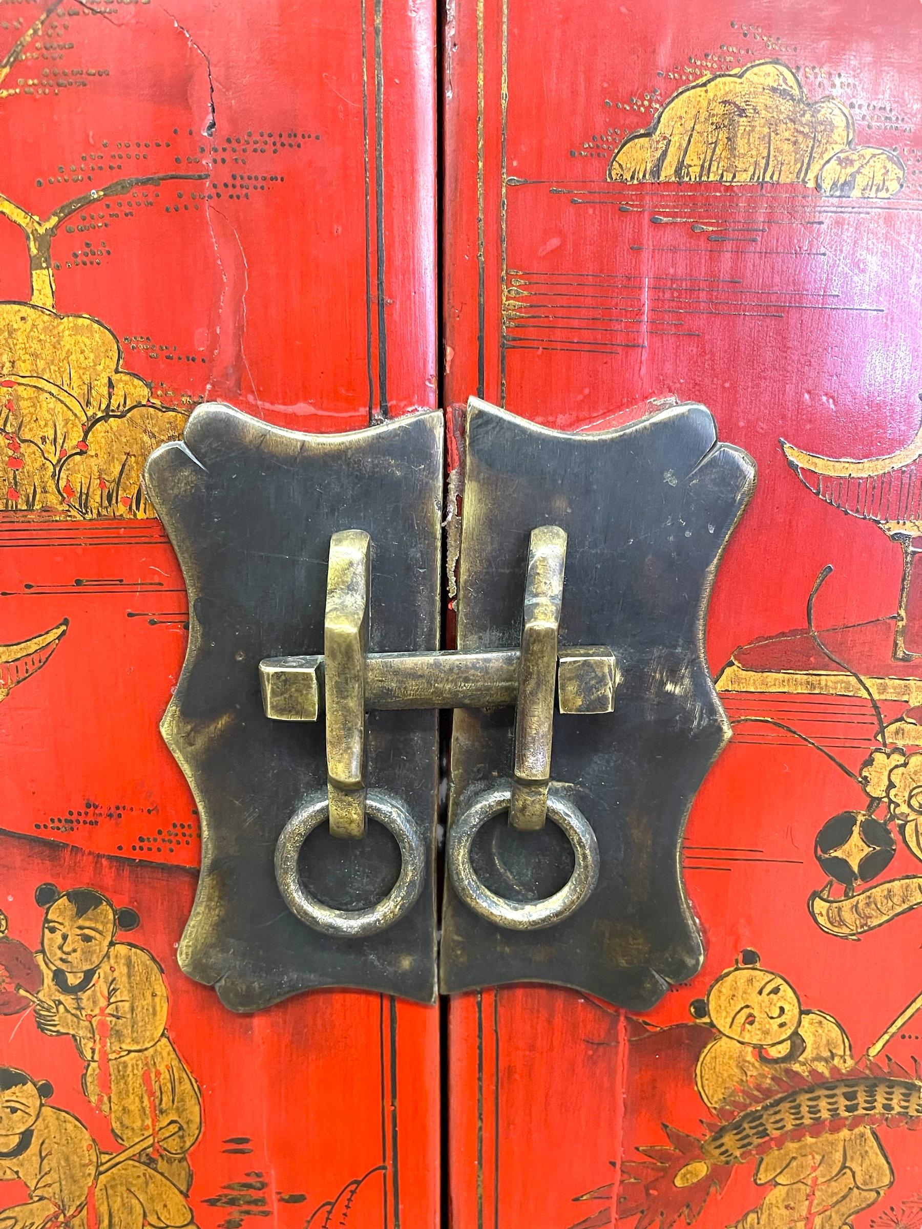 Chinese Red Cabinet with Gilt Figural and Dragon Motifs For Sale 3