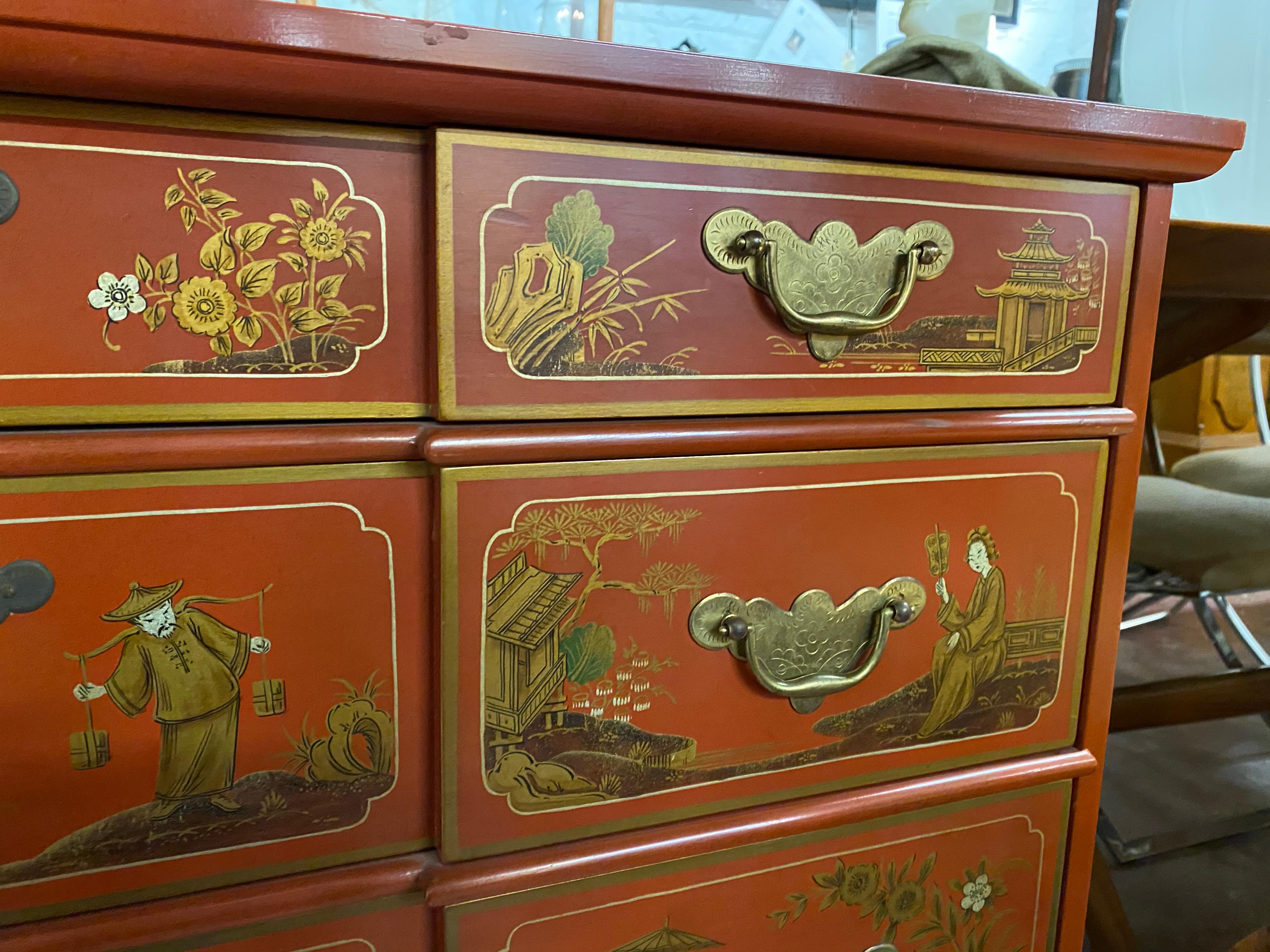 Chinese red chinoiserie chest of drawers by Baker Furniture, circa 1970s

Simply the best!

Baker Furniture Company chest of drawers. Made from solid wood and hand painted. The background is a Classic Chinese red (which has orange tones) and