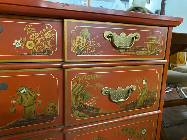 Chinese Red Chinoiserie Chest of Drawers by Baker Furniture, circa