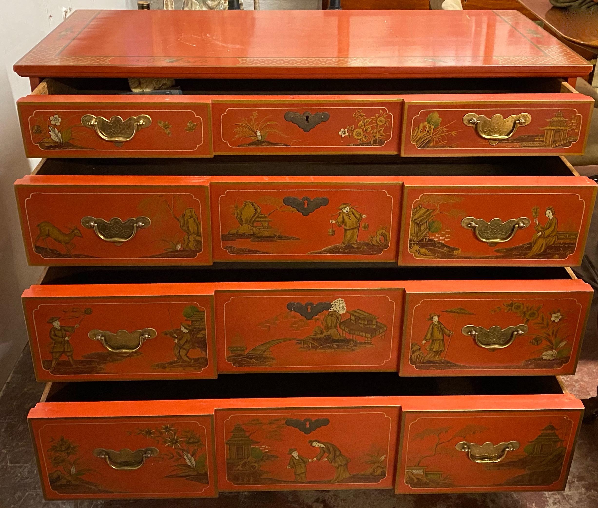 Chinese Red Chinoiserie Chest of Drawers by Baker Furniture, circa 1970s In Good Condition In San Francisco, CA
