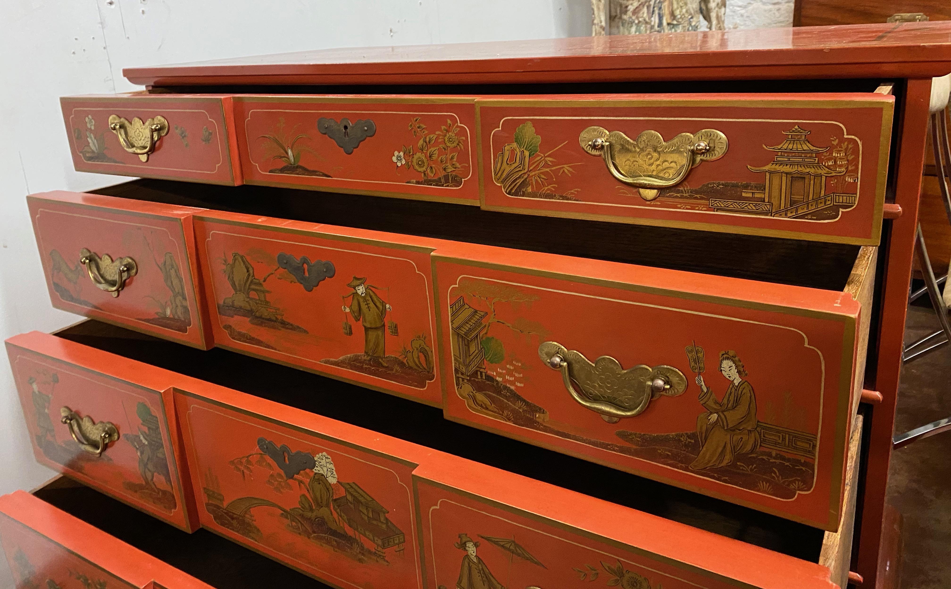 20th Century Chinese Red Chinoiserie Chest of Drawers by Baker Furniture, circa 1970s