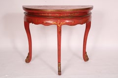Chinese Red Chinoiserie Decorated Demi Lune Console Table