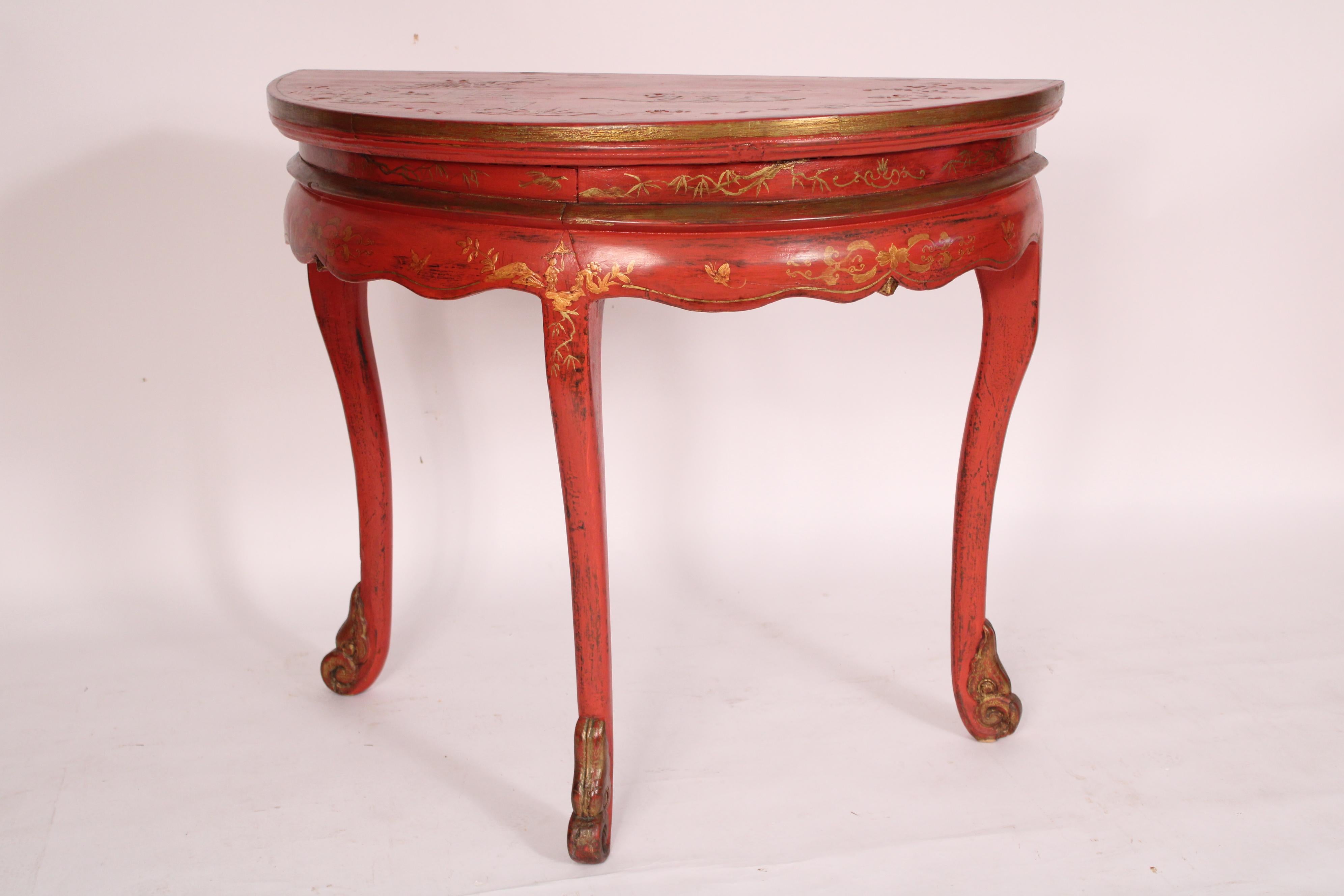 Cineserie Tavolo consolle Demi Lune decorato con cineserie rossa cinese in vendita