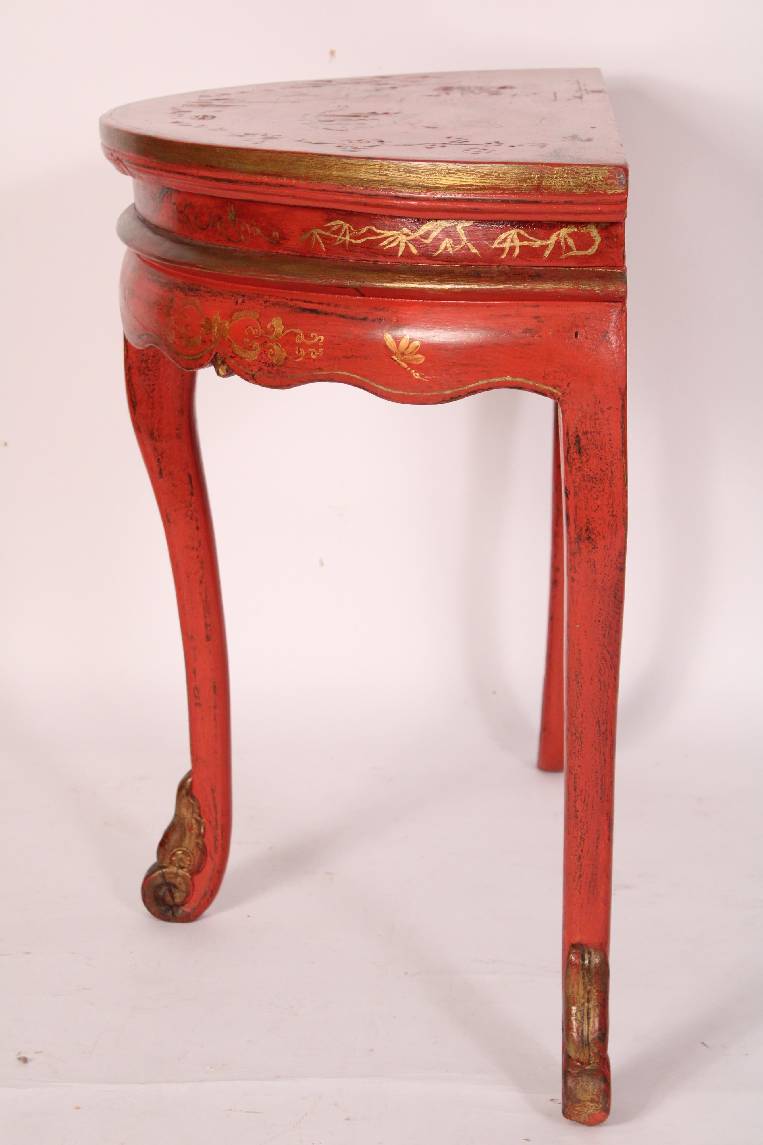 Cinese Tavolo consolle Demi Lune decorato con cineserie rossa cinese in vendita