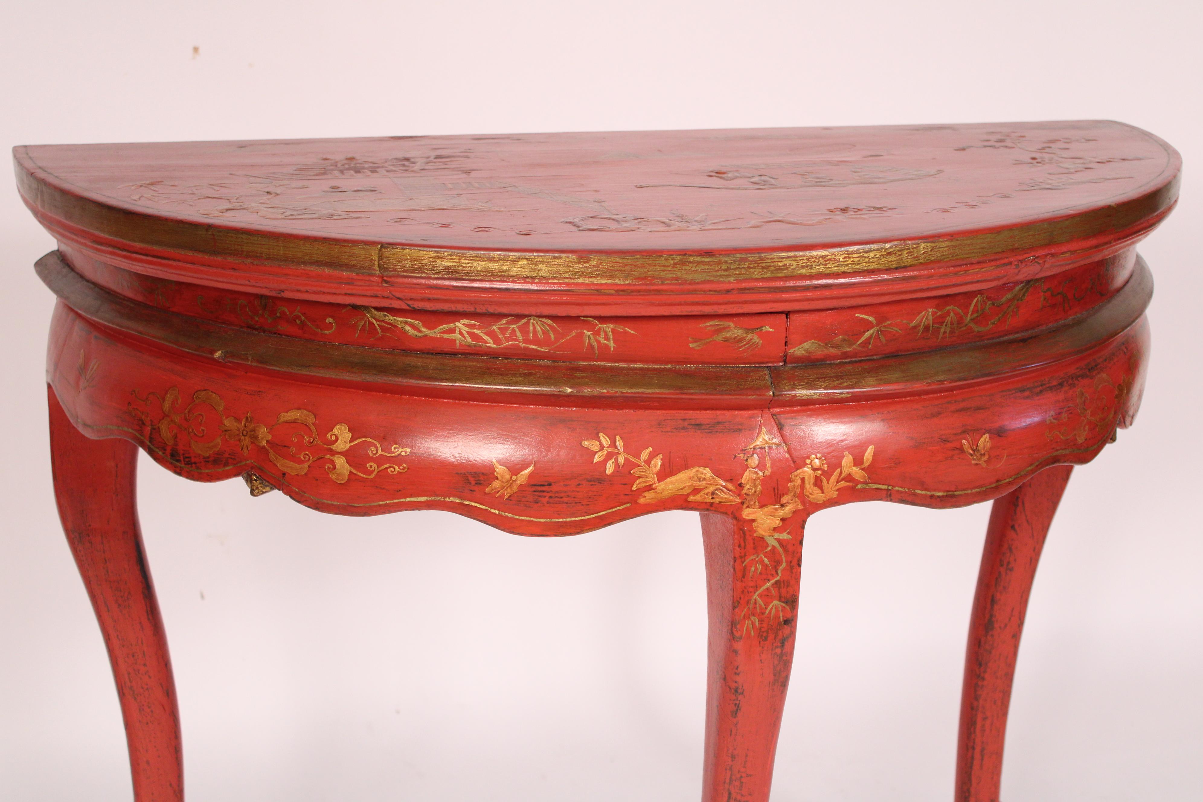 Tavolo consolle Demi Lune decorato con cineserie rossa cinese in vendita 1