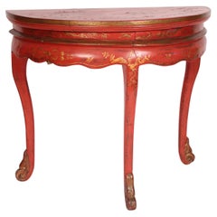 Chinese Red Chinoiserie Decorated Demi Lune Console Table