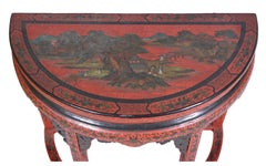 Chinese Red Chinoiserie Demilune Console Table