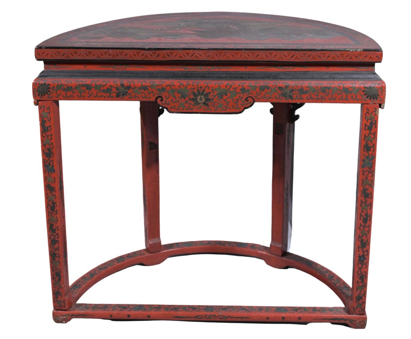Hand-Painted Chinese Red Chinoiserie Demilune Console Table For Sale