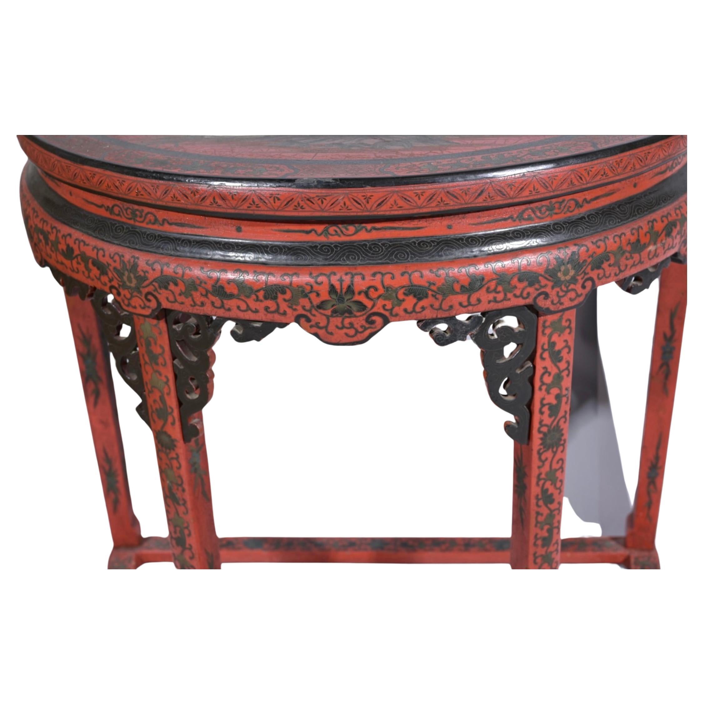 Chinese Red Chinoiserie Demilune Console Table In Good Condition For Sale In Bradenton, FL