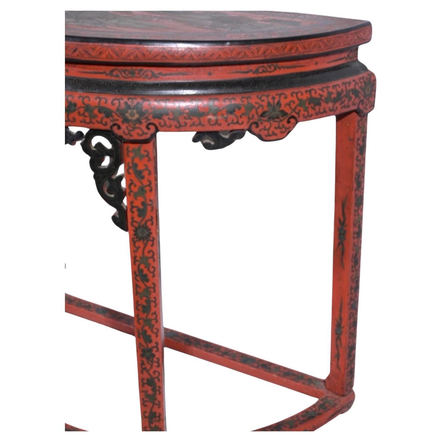 19th Century Chinese Red Chinoiserie Demilune Console Table For Sale