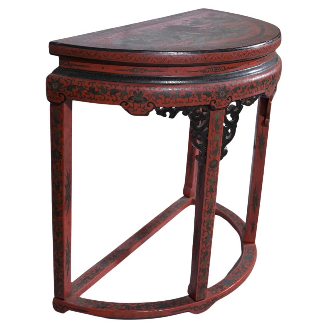 Wood Chinese Red Chinoiserie Demilune Console Table For Sale