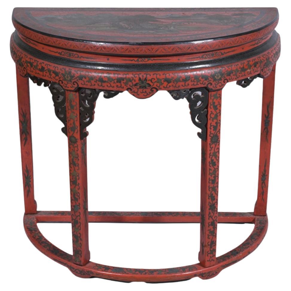 Chinese Red Chinoiserie Demilune Console Table For Sale 1