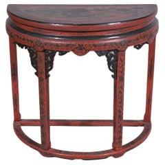 Used Chinese Red Chinoiserie Demilune Console Table