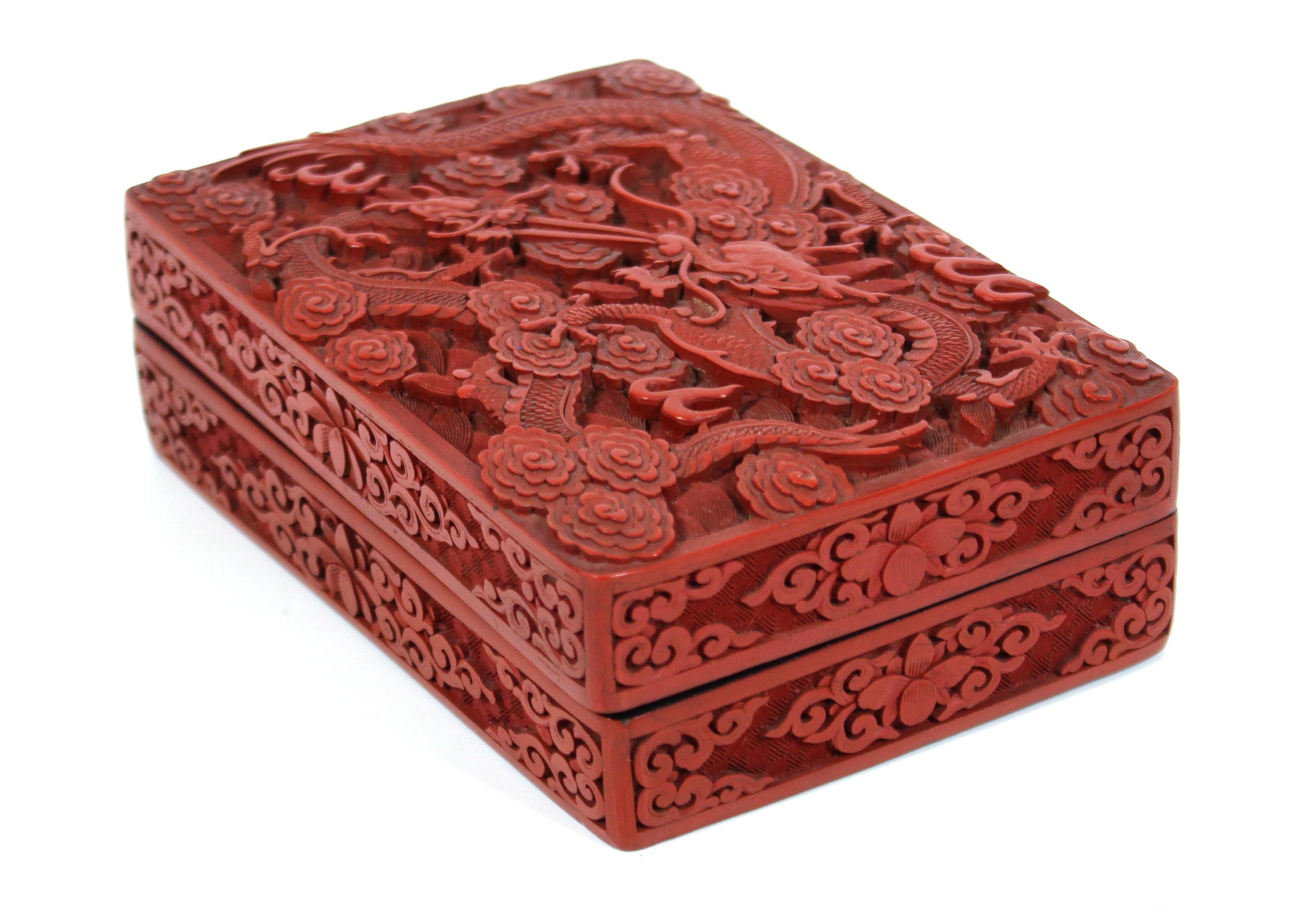 Chinese Export Chinese Red Cinnabar Box with Dragon Motif