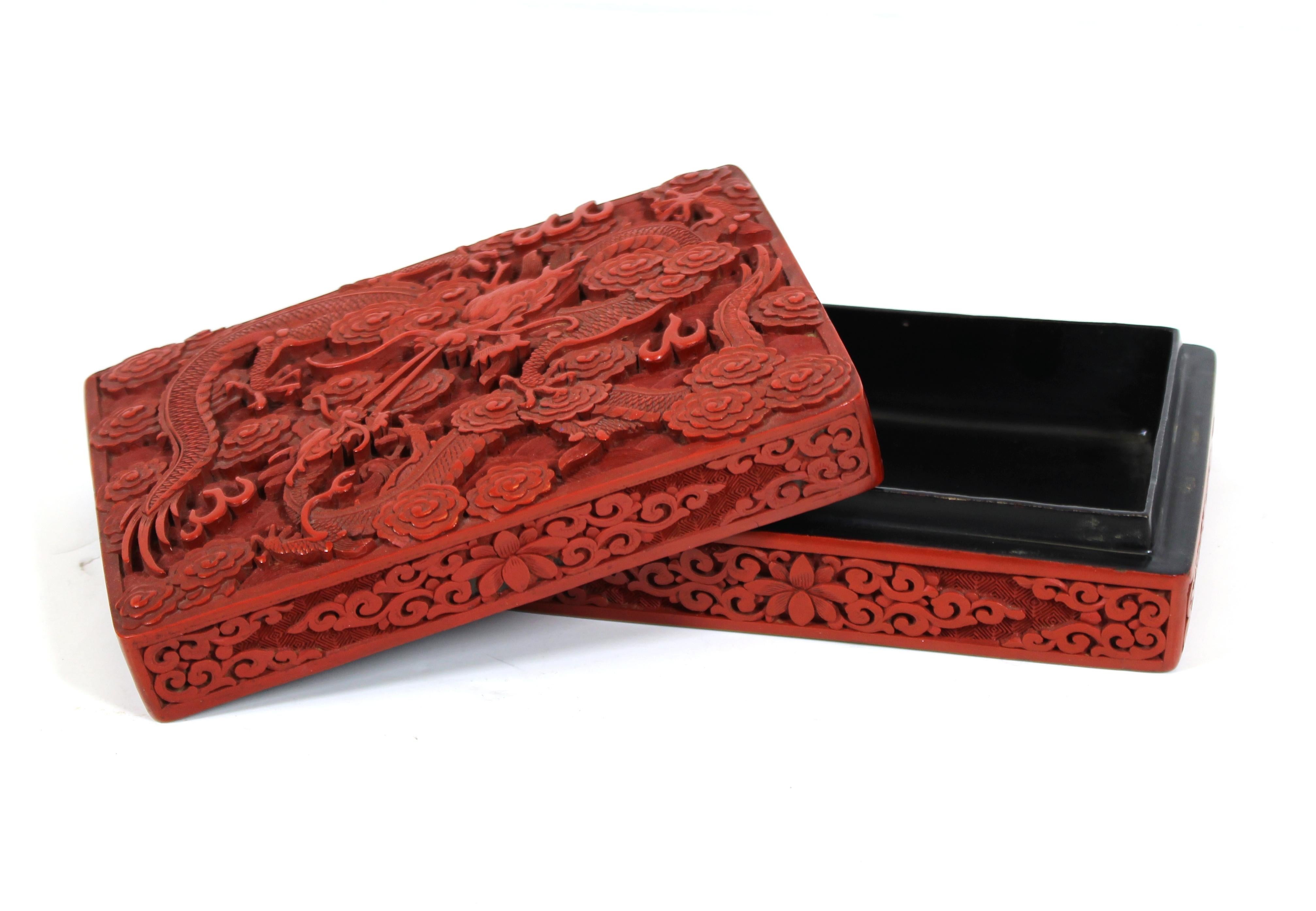 Wood Chinese Red Cinnabar Box with Dragon Motif