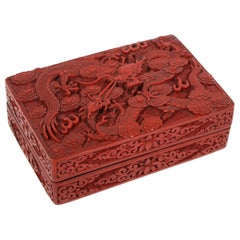 Antique Chinese Red Cinnabar Box with Dragon Motif