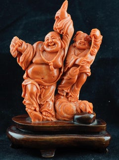 Chinese Red Coral Carving of Buddha and Assistant