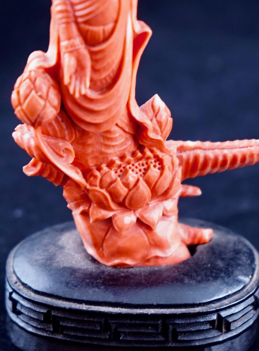 Ming Chinese Red Coral Carving of Guan Yin over Lotus Flower