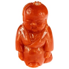 Retro Chinese Red Coral Monk Hand Carved Asian Art Taiwan Statue Sculpture
