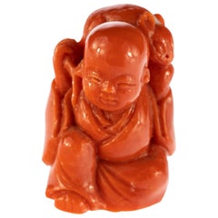 Chinese Red Coral Monk Hand Carved Asian Art Taiwan Statue Sculpture