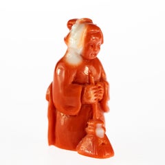 Chinese Red Coral Peasant Hand Carved Asian Art Taiwan Statue Sculpture