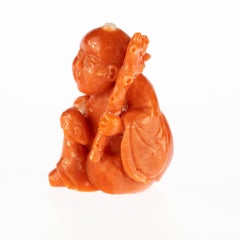 Chinese Red Coral Peasant Hand Carved Asian Art Taiwan Statue Sculpture