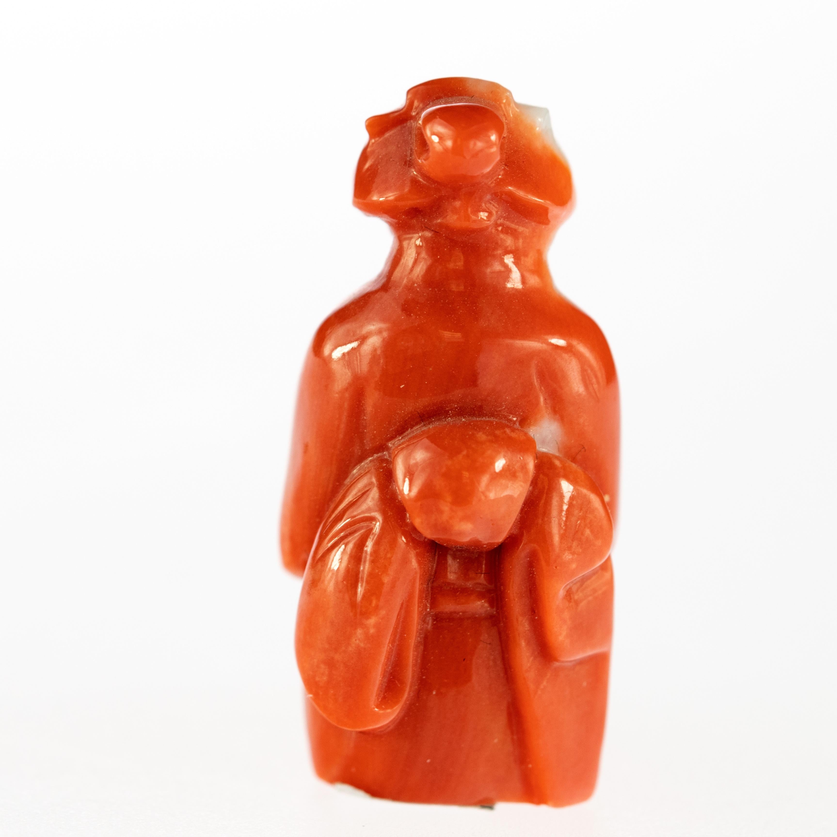 Chinese Export Chinese Red Coral Peasant Hand Carved Asian Art Taiwan Statue Sculpture For Sale