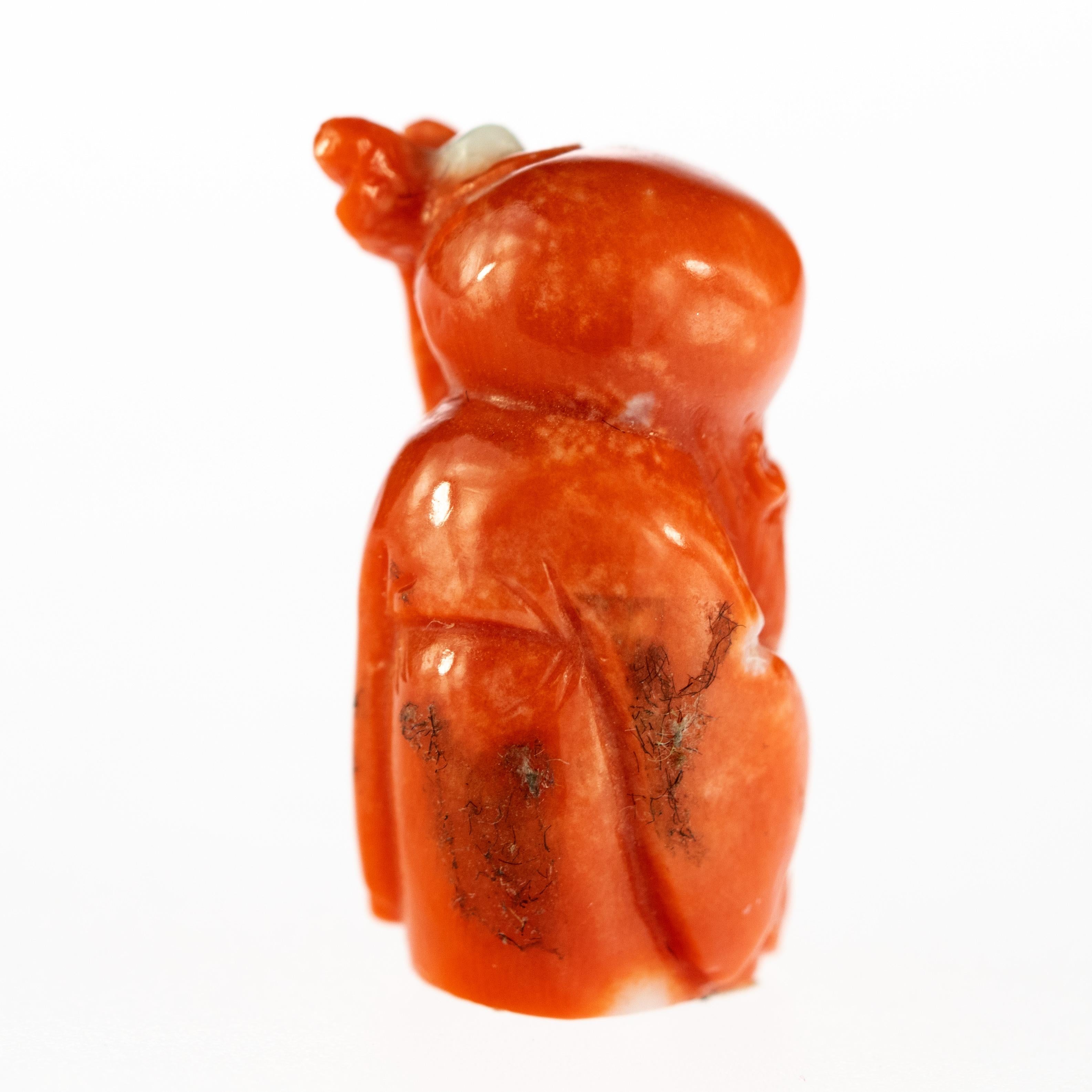 Chinese Export Chinese Red Coral Peasant Hand Carved Asian Art Taiwan Statue Sculpture For Sale